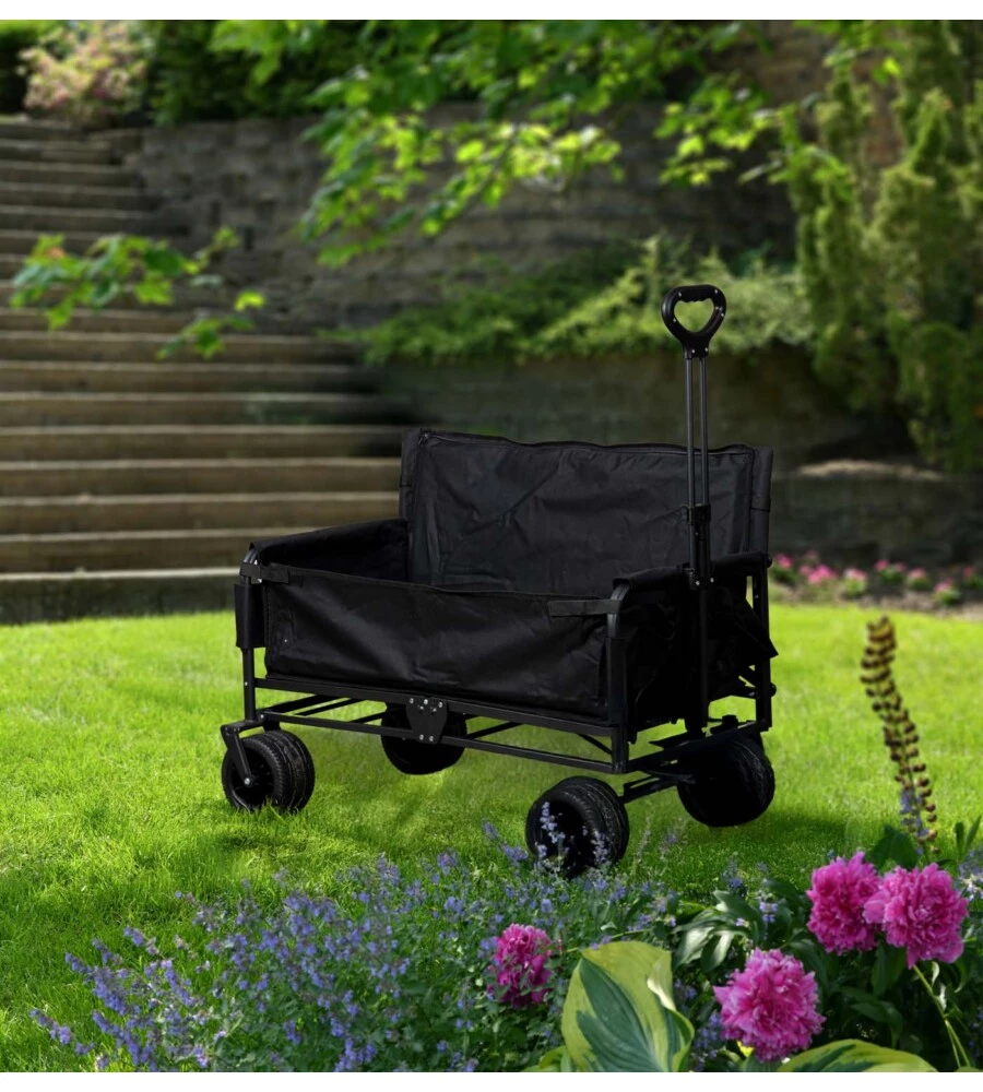 CARRELLO PIEGHEVOLE EUROGARDEN CON RUOTE E FUNZIONE PANCHINA IN ACCIAIO NERO 108X55,5X73 CM